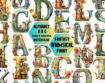 Whimsical fantasy funn Alphabet, Fairy Tale Letters Clipart, Fantasy Fonts English, Alphabet Magical Kingdom, Illustration Children Clipart