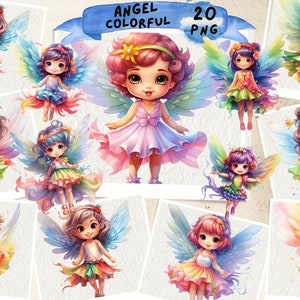 Clipart de ángeles coloridos, acuarela, ilustraciones con ángeles, ángeles, querubines, dibujos animados lindos, scrapbooking, ángeles navideños en acuarela