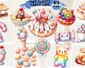 May include: A collection of 63 colorful cartoon illustrations of various sweets and desserts, including a donut with pink frosting and sprinkles, a candy cane, a chocolate-covered banana split, a cupcake with a cherry on top, a gummy bear, a lollipop, and a hot chocolate with marshmallows.
