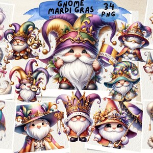 Mardi Gras Gnomes Clipart, Festive Gnome PNG, Fleur De Lis Clipart, Beads Necklace, Mardi Gras Carnival Gnome, Junk Journal, Scrapbooking