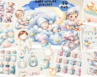 Clipart nouveau-né aquarelle : baby shower, oeuvre d'art pour chambre d'enfant (PNG)
