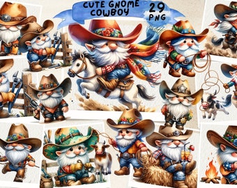 May include: A set of 29 digital illustrations featuring cute gnomes dressed as cowboys. The gnomes are depicted in various poses, including riding horses, holding lassoes, and playing musical instruments. The illustrations are in a cartoon style and feature bright colors.
