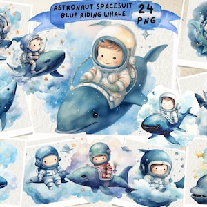 Astronaut Spacesuit blue Riding Whale, Space Baby Boy, Navy Blue Whale Mobile for Nursery, space watercolor clipart, girl cute astronaut
