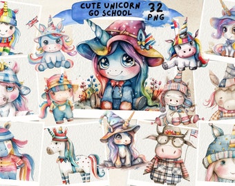 May include: A set of 32 digital illustrations of cute watercolor unicorns wearing different hats and outfits. The unicorns are all in various poses and have colorful manes and tails. The illustrations are perfect for use in digital scrapbooking, card making, and other creative projects.