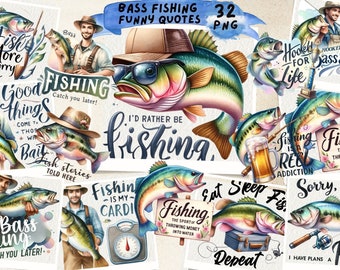 Jumping Bass Fish Clipart Bundle: Funny Fishing PNG, Scrapbook, Junk Journal