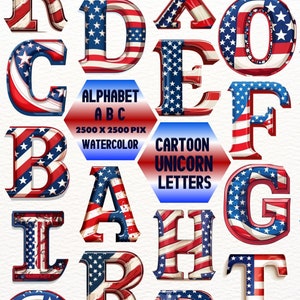 USA Alphabet Letters Clipart, Patriotic American Flag Letters, Hand Drawn Alphabet, Sublimation Alpha, Independence Day, American Alphabet