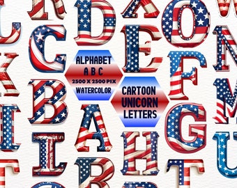 Amerikansk flagga alfabetet Clipart: Patriotiska USA-bokstäver (digital nedladdning)
