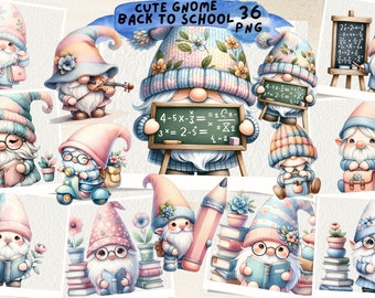 May include: A set of 10 digital illustrations featuring cute gnomes in various back-to-school themes. The gnomes are wearing colorful hats and clothes, holding books, pencils, and backpacks. Some gnomes are holding chalkboards with math equations.