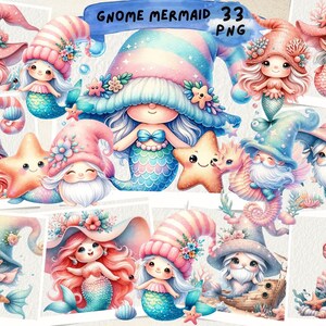 Gnome Mermaid Clipart, Watercolor Fairytale Clip Art, Nursery Decor Party Printable, Pastel  Gnome, Card Making, Junk Journal, Scrapbooking