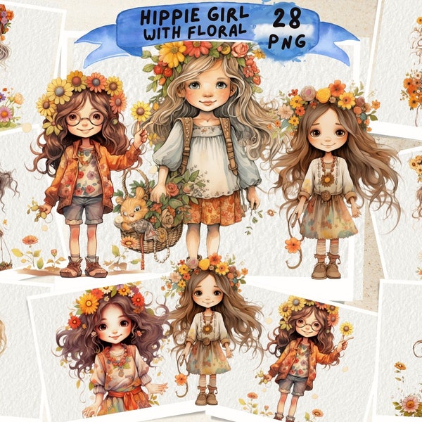 Hippie Girl Watercolor Clipart, Watercolor Flower Power Sublimation file, Boho Kid Printable Wall Art, Commercial use, Instant download