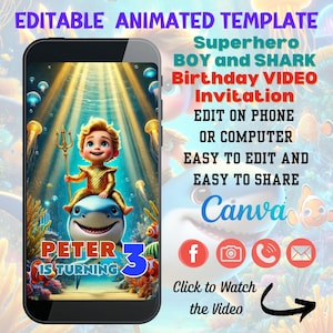 Convite em vídeo para festa de aniversário de tubarão para crianças, super-herói e tubarão, convite digital animado com tema oceânico, aventura subaquática, bebê tubarão