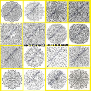 Pu&ograve; includere: Una collezione di disegni mandala in bianco e nero, ciascuno in formato quadrato. I disegni includono motivi floreali, forme geometriche e dettagli intricati. L'immagine include anche il testo "Deniz Coloring" e dimensioni di 36.12 x 36.12 cm.