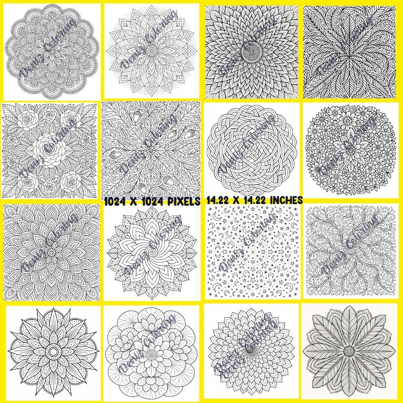 Pu&ograve; includere: Una collezione di disegni mandala in bianco e nero, ciascuno in formato quadrato. I disegni includono motivi floreali, forme geometriche e dettagli intricati. L'immagine include anche il testo "Deniz Coloring" e dimensioni di 36.12 x 36.12 cm.