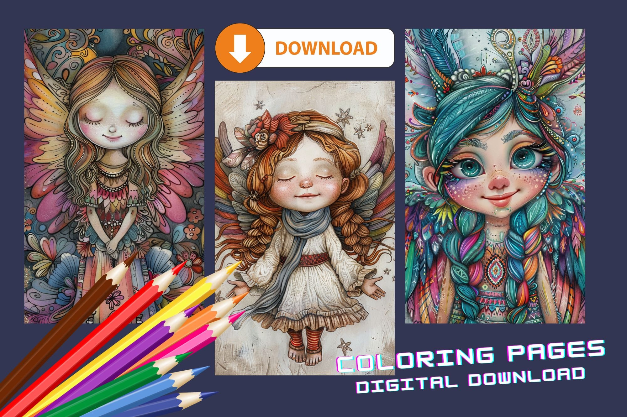 Cute Angel Wings Coloring Pages, Adorable Fairy Angels Coloring Pages