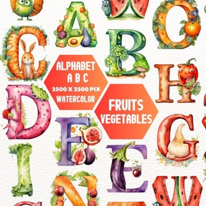 Fruits et légumes Alphabet Clipart, Légumes Lettres Clipart, Fruits Légumes A à Z, Activité d’apprentissage Préscolaire Pré-K, Maternelle