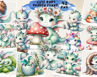 Cute Baby Dragon Watercolor Clipart, Baby Dragon Clipart, Baby Dragon PNG, animal clipart, sublimation designs, Junk Journal, Scrapbooking