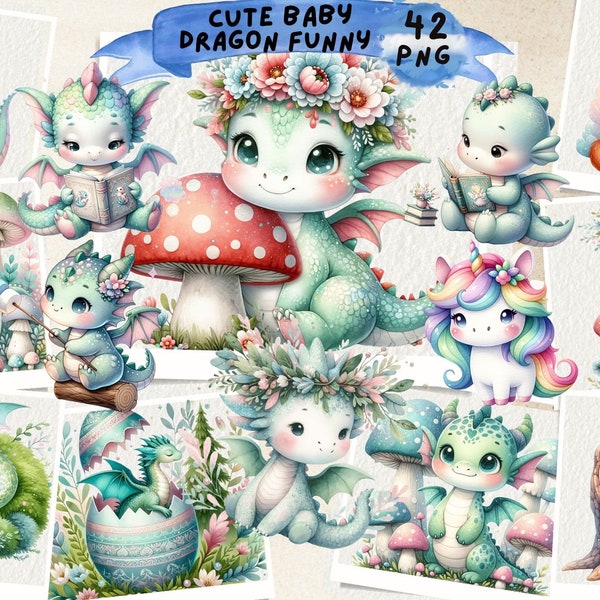 Cute Baby Dragon Watercolor Clipart, Baby Dragon Clipart, Baby Dragon PNG, animal clipart, sublimation designs, Junk Journal, Scrapbooking