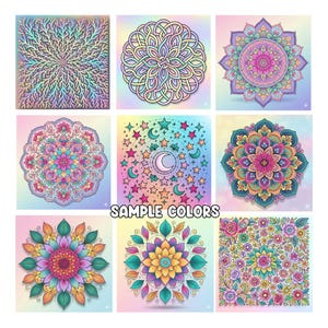 Pu&ograve; includere: Nove disegni di mandala colorati con motivi e sfumature complesse. I disegni includono temi floreali, geometrici e celesti, con una variet&agrave; di colori tra cui rosa, blu, verde e giallo. Il testo "SAMPLE COLORS" &egrave; visualizzato.