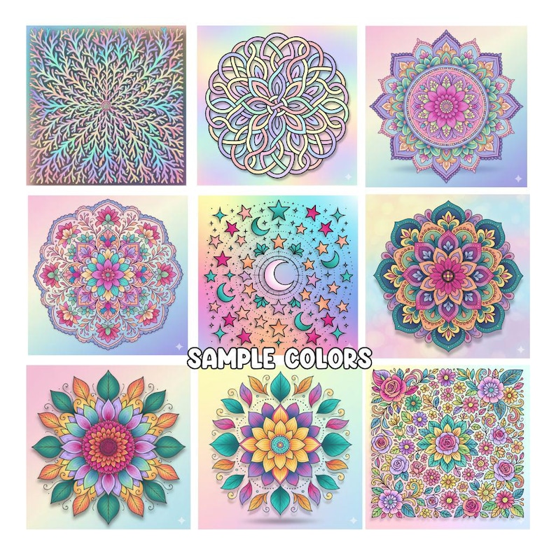 Pu&ograve; includere: Nove disegni di mandala colorati con motivi e sfumature complesse. I disegni includono temi floreali, geometrici e celesti, con una variet&agrave; di colori tra cui rosa, blu, verde e giallo. Il testo "SAMPLE COLORS" &egrave; visualizzato.