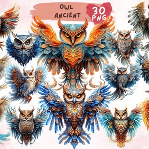 Watercolor Royal Owl Clipart: Fantasy Jeweled Owl Bundle (PNG)