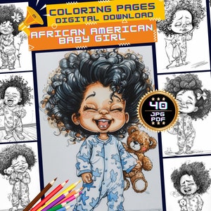 かわいいアフリカ系アメリカ人の赤ちゃんのぬり絵、パジャマアフリカ系アメリカ人の赤ちゃんのグレースケール、アフロ新生児、デジタルアートの即時ダウンロードデジタル