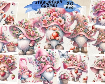 Strawberry Gnomes Clipart: Pink Watercolor Summer Gnomes (PNG)