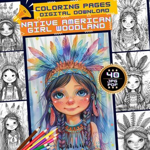 Puede incluir: Descarga digital de páginas para colorear con niñas nativas americanas en entornos boscosos. La imagen muestra una ilustración central colorida de una niña con un tocado de plumas, rodeada de ejemplos más pequeños de páginas para colorear en blanco y negro. El texto incluye "Páginas para colorear".