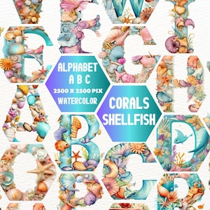 Corals and Shellfish Alphabet Clipart, Coral Reef Letters, Alphabet Coral reef, Monogram Letters, Underwater Clipart, Alphabet Watercolor
