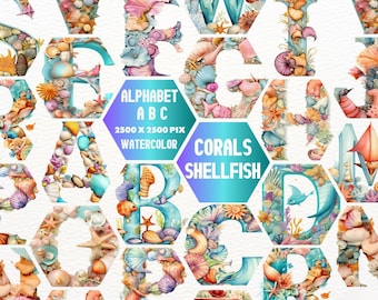 Coral Reef Alphabet Clipart: Watercolor Monogram Letters (PNG)