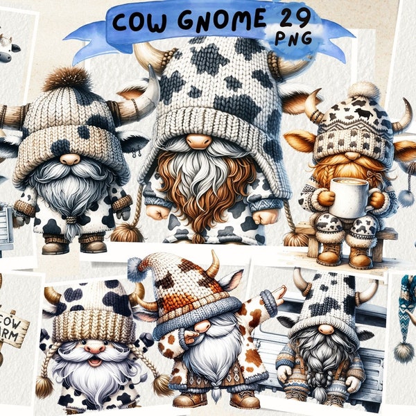 Cow Gnomes Watercolor Clipart, Gnome Cow Sublimation, Cow Gnome with a Bottle Milk, Gnomes Animal, Western Cow, Junk Journal, Scrapbooking