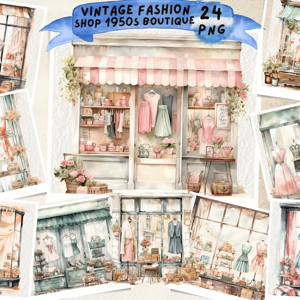 Fashion Shop 1950sBoutique Clipart, Watercolor Pink Boutique Clipart, Fashion Store Entrance Clipart, Shop Front, Floral Shop, Graphics