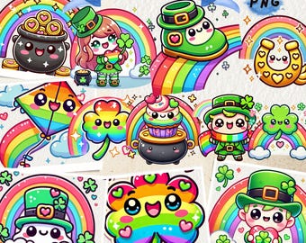 Kawaii St Patricks Day Clipart: Rainbow, Shamrock, Leprechaun (PNG Digital Download)