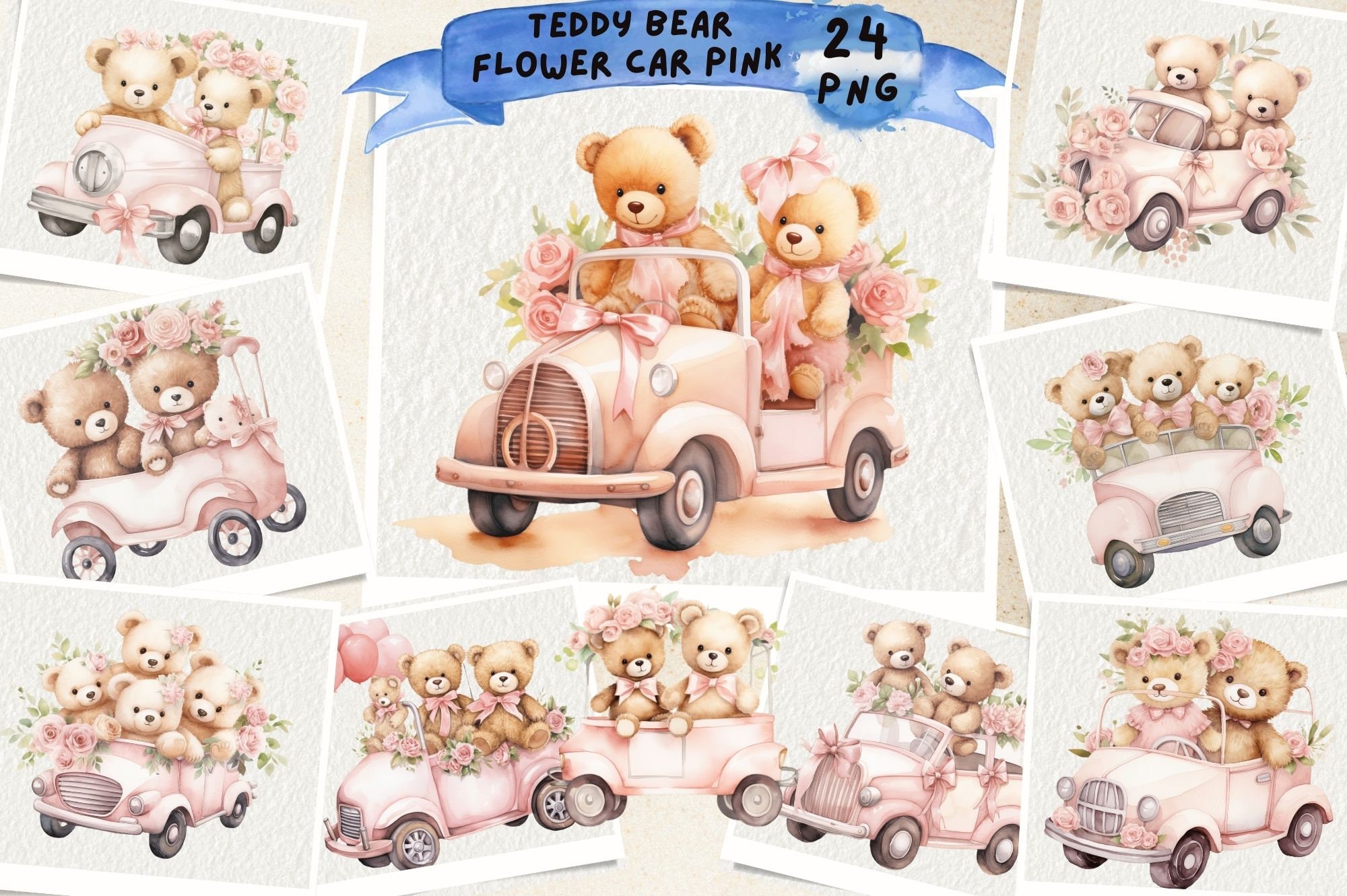 Teddy Bear Flower Car Pink, Pink Teddy Bear, Girly Teddy Bear Clipart, Nursery Clipart, Junk Journal, Scrapbooking