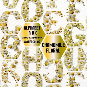 Clipart fleur de camomille alphabet, graphiques floraux de l&#39;alphabet, illustrations bohèmes, faire-part de mariage rustique, clipart alphabet floral