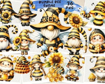 Clipart z trzmielem i krasnalem: ręcznie rysowana akwarela sublimacyjna (PNG)