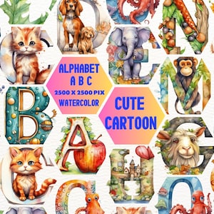 ABC Animals Cartoon Watercolor clipart, alphabet, letters, a to z, card, poster, nursery, school, wild, baby, cute, preschool, teacher