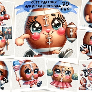 Simpatico cartone animato Football americano Clipart ad acquerello, sublimazione del calcio, giornata di gioco, sport, partita di calcio, diario spazzatura, scrapbooking