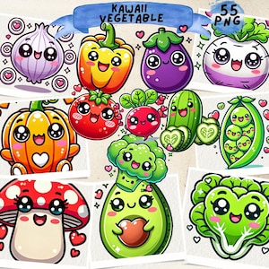 Clipart légumes kawaii, légumes mignons, art culinaire adorable kawaii, légumes heureux, autocollants numériques légumes, journal indésirable, scrapbooking