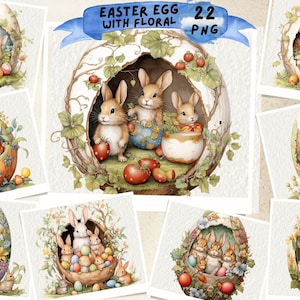 Watercolor Easter Egg Clipart: Rabbit & Floral Illustrations (PNG, Commercial Use)