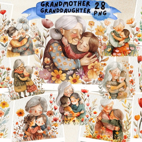 Grandmother and Grandchildren Watercolor Clipart, Grandma and Granddaughter, Grandson, Mother's day Clipart , Junk Journal, Scrapbooking