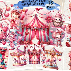 Vergnügungspark Aquarell, Zirkus Karneval, Valentinstag Thema, Romantischer Valentinstag, Kinderzimmer Kunst, Weihnachtsmann, Junk Journal, Scrapbooking
