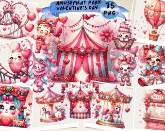Valentine's Day Circus Watercolor: Amusement Park Clipart (PNG)