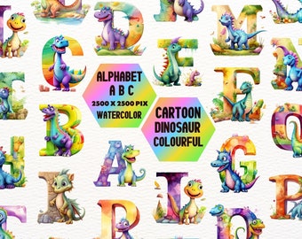 Dinosaur Alphabet Clipart: Watercolor Cartoon Letters (PNG)
