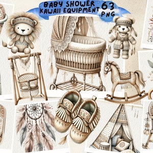 Boho Baby Clipart, Sweet Baby Shower Clipart, Nursery Decor, Boho Vintage Watercolor, Nursery Clipart, Teddy Bear, Scrapbook, Junk Journal