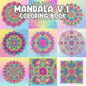 Pu&ograve; includere: Una copertina di libro da colorare mandala colorata con il testo "MANDALA V.1 COLORING BOOK". L'immagine presenta nove diversi disegni mandala in vari colori, tra cui rosa, blu, giallo e verde. I disegni sono intricati e dettagliati.