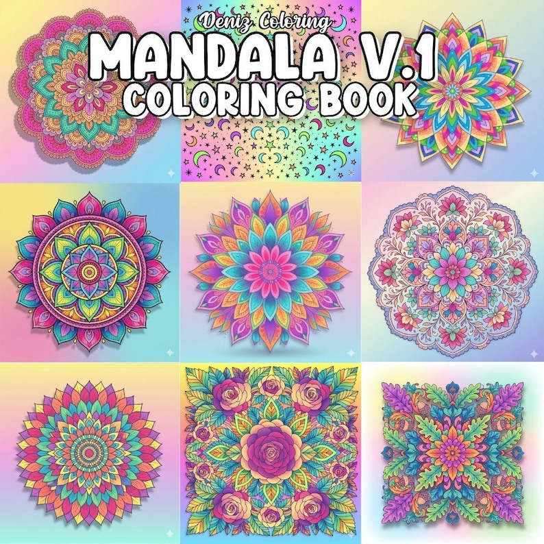 Pu&ograve; includere: Una copertina di libro da colorare mandala colorata con il testo "MANDALA V.1 COLORING BOOK". L'immagine presenta nove diversi disegni mandala in vari colori, tra cui rosa, blu, giallo e verde. I disegni sono intricati e dettagliati.