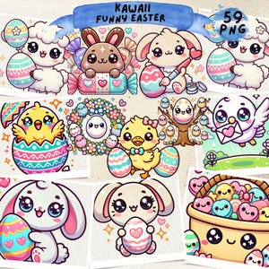 Kawaii Easter Clipart, Kawaii Download, Instant Download, Pastel Easter, Easter Bunny, Marshmallow Rabbit, Basket, easter egg, spring