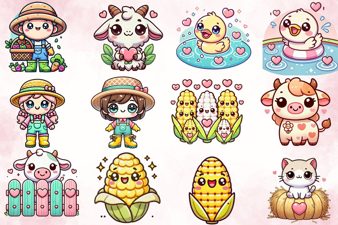 Kawaii Cute Farm Animals Clipart, Adorable Cartoon Farm Animals Digital ...