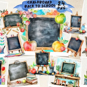 Imágenes prediseñadas de pizarra, imágenes prediseñadas de pizarra de acuarela, tiza, alfabeto, imprimible, regreso a clases, tablero, educación, álbum de recortes, diario basura