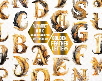 Golden Feather Alphabet Clipart , Gold and Silver feathers alphabet, wedding alphabet font, Birthday, Flapper Invitation, Commercial Use